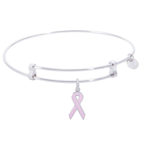 Sterling Silver Confident Bangle Bracelet With Breast Cancer Ribbon Charm