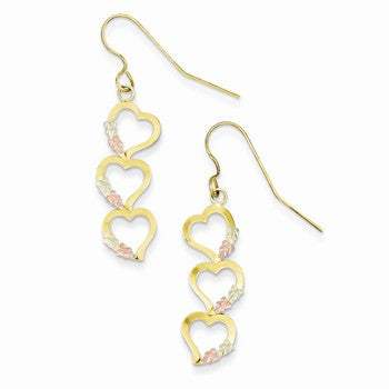 10k Tri-color Black Hills Gold Triple Heart Earrings