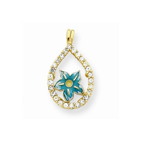 10k Yellow Gold Enamel Flower & CZ Teardrop pendant, Alluring Pendants for Necklace