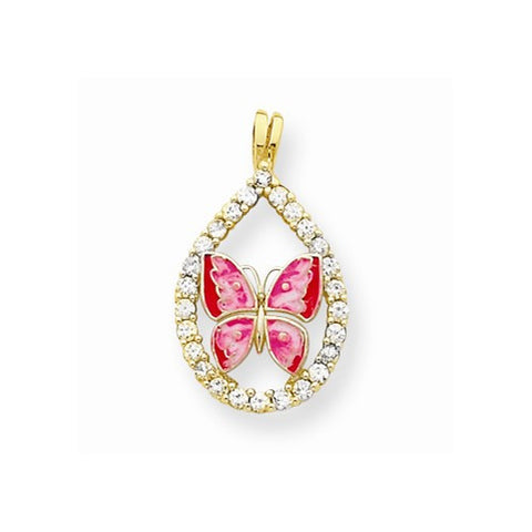 10k Yellow Gold Enamel Butterfly & CZ Teardrop Pendant, Pendants for Necklace