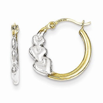 10K Yellow Gold with Rhodium & Hearts Hollow Hoop Earrings