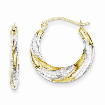 10K Yellow Gold with Rhodium Twist Hollow Hoop Earrings