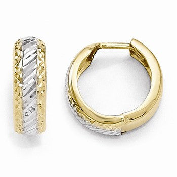 10k Yellow Gold with White Rhodium Polished & Diamond-cut Hoop Earrings