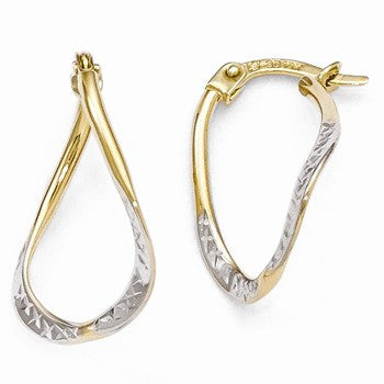 10k Yellow Gold with White Rhodium Polished Diamond-cut Oval Hoop Earrings