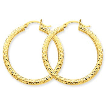 10k Yellow Gold Diamond-cut 3mm Round Hoop Earrings