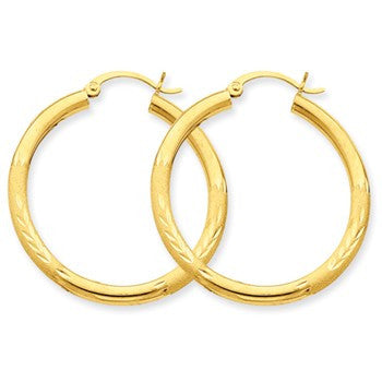 10k Yellow Gold Satin Diamond-cut 3mm Round Hoop Earrings