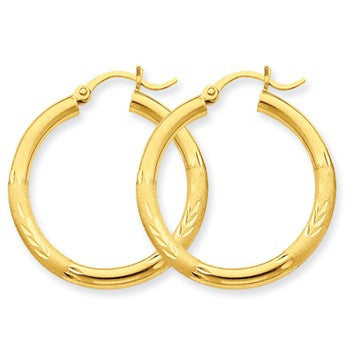 10k Yellow Gold Satin Diamond-cut 3mm Round Hoop Earrings