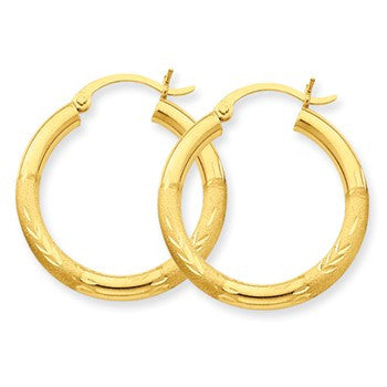 10k Yellow Gold Satin Diamond-cut 3mm Round Hoop Earrings