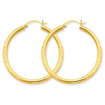 10k Yellow Gold Satin Diamond-cut 3mm Round Hoop Earrings