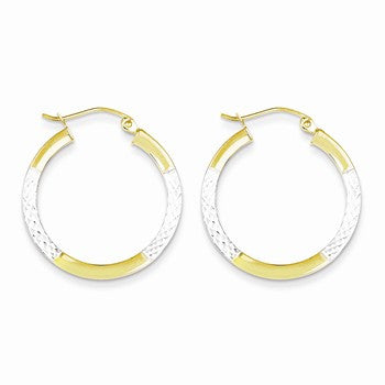 10K Yellow Gold with Rhodium Diamond-cut 2.5x20mm Hoop Earrings