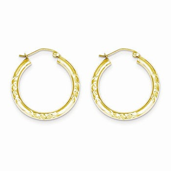 10k Yellow Gold Diamond-cut 3x25mm Hollow Tube Hoop Earrings