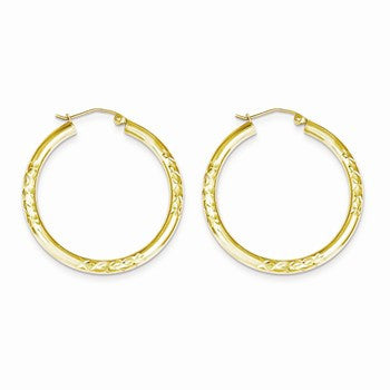 10k Yellow Gold Diamond-cut 3x35mm Hollow Tube Hoop Earrings