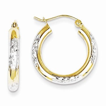 10K Yellow Gold Rhodium Plated Diamond-cut 3mm Hoop Earrings