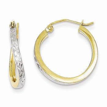 10K Yellow Gold Rhodium Plated Diamond-cut Textured Wavy Hoop Earrings