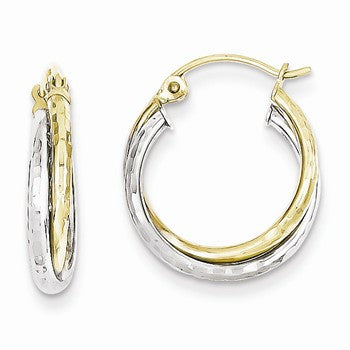 10K Yellow White Gold Textured Twist Hoop Earrings