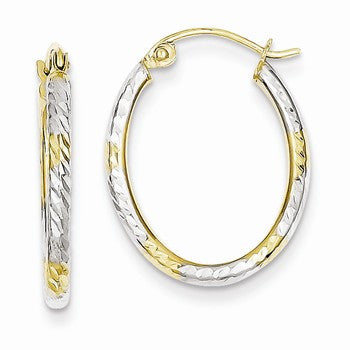 10K Yellow Gold Rhodium Plated Diamond-cut Patterned Oval Hoop Earrings