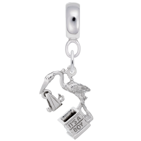 Stork,Boy Charm Dangle Bead In Sterling Silver