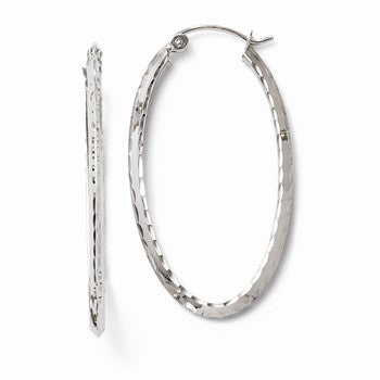 14k White Gold Diamond-cut Oval Hoop Earrings