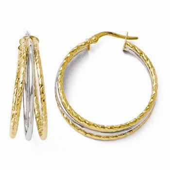 14k Two-tone Textured Hinged Hoop Earrings