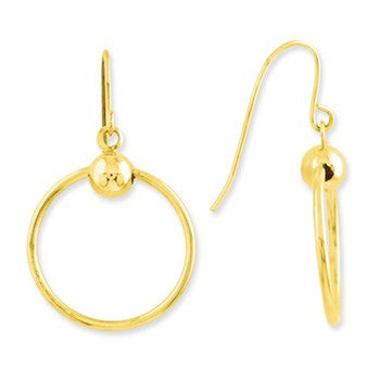 10KT Yellow Gold Polished 14m Circl w/ bead Dangle Earrings