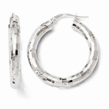 14k White Gold Diamond-cut Hinged Hoop Earrings