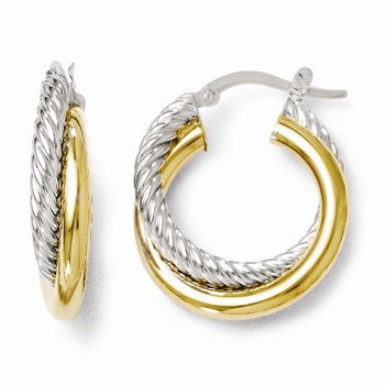 14k Two-tone Polished & Textured Hoop Earrings