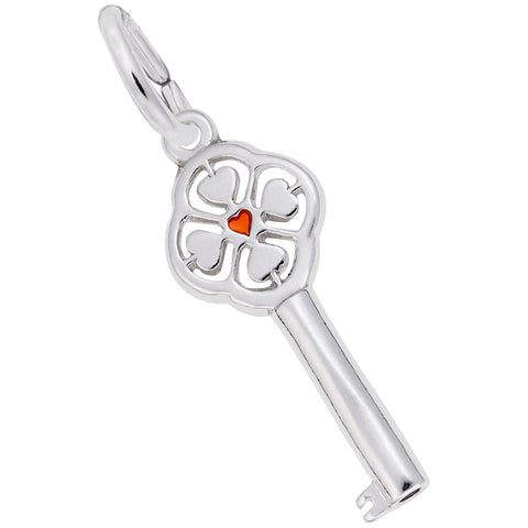 Key With Red Heart Center Charm In 14K White Gold