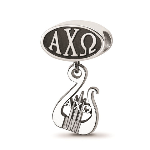 Sterling Silver LogoArt Alpha Chi Omega Oval With Lyre Dangle Bead