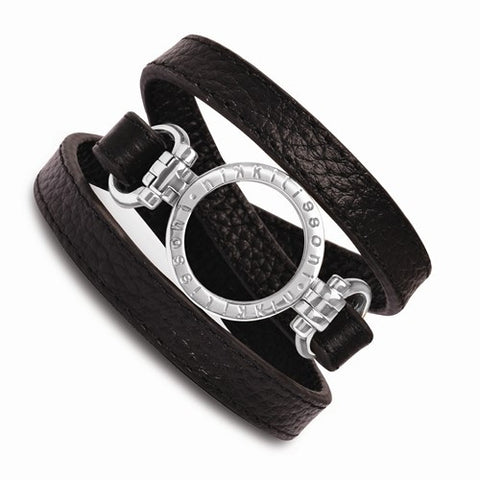 Black Leather Small Silver Coin Holder Wrap Bracelet