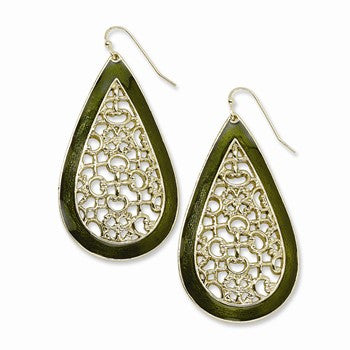 Brass-tone Green Enamel Filigree Teardrop Dangle Earrings