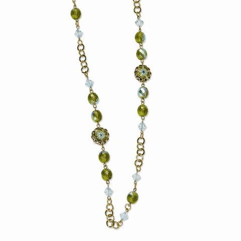 Brass-tone Aqua & Green Glass Beads & Enamel Necklace