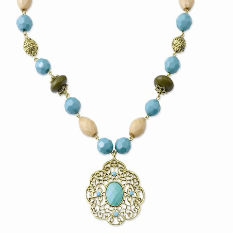 Gold-tone Teal Green and Cream Beads Necklace