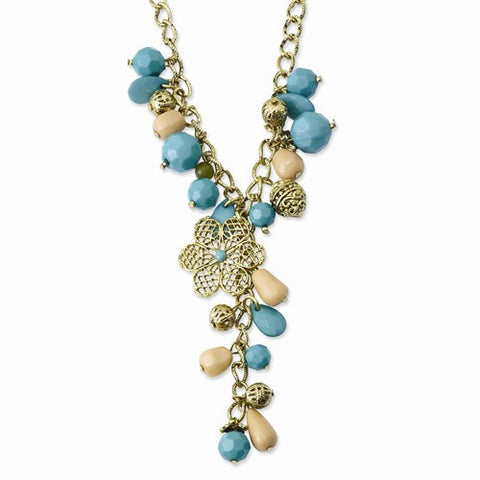 Gold-tone Teal Green and Cream Acrylic Beads Necklace