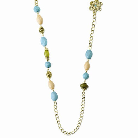 Gold-tone Teal Green and Cream Acrylic Beads Necklace