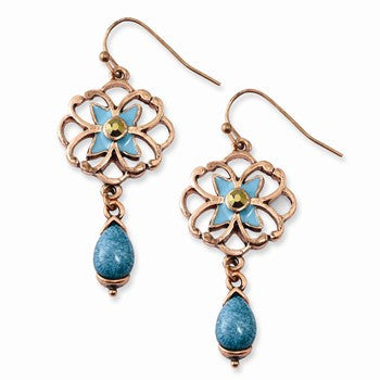 Copper-tone Teal Brown Glass Stone w/ Teal Enamel Earrings