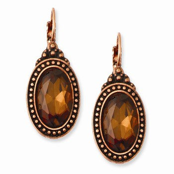 Copper-tone Brown Acrylic Stone Oval Drop Leverback Earrings