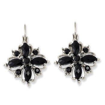 Silver-tone Black Crystal Flower Leverback Earrings