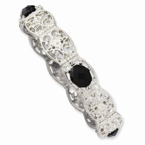 Silver-tone Black Acrylic Stones Stretch Bracelet