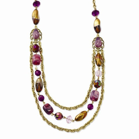 Brass-tone Purple Crystal Multistrand Necklace