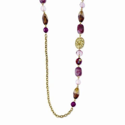 Brass-tone Purple & Smokey Brown Acrylic Beads Necklace