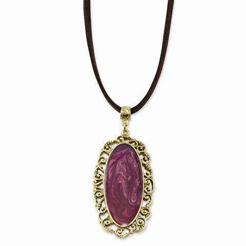 Brass-tone Purple Enamel Oval w/Faux Suede Cord Necklace