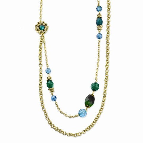 Brass-tone Teal & Green Acrylic Beads Necklace