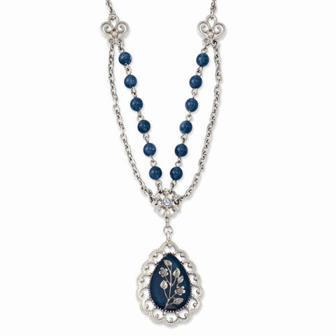 Silver-tone Blue Glass Bead Crystal & Enamel Necklace