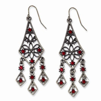 Black-plated Red Crystal Filigree Dangle Earrings