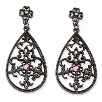 Black-plated Red Crystal Filigree Teardrop Post Dangle Earrings