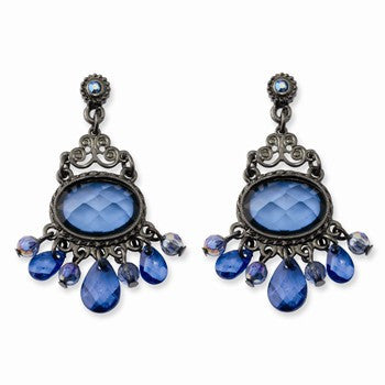 Black-plated Blue Glass Stone Beads Ch&elier Post Earrings