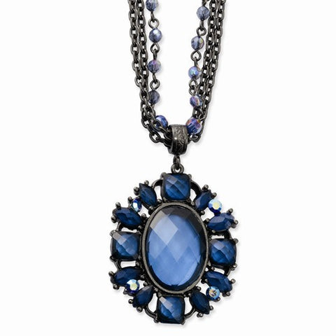 Black-plated Blue Glass Stone & Beads Necklace