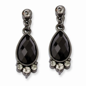 Black-plated Smokey Black Crystal Teardrop Post Dangle Earrings