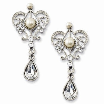 Silver-tone Simulated Pearl Crystal Post Dangle Earrings