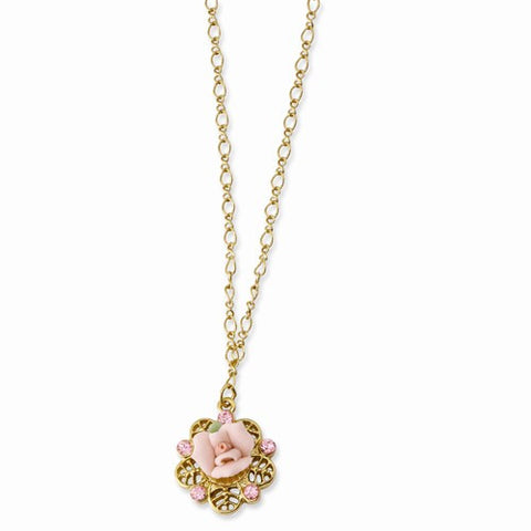 Gold-tone Porcelain Rose & Pink Crystal Necklace